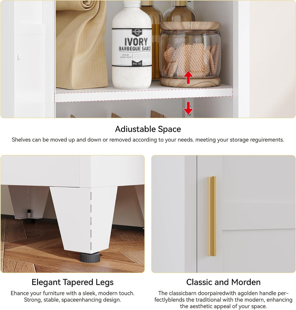 YAUWOH White Narrow Metal Storage Cabinet, Tall Freestanding Cabinet with 4 Adjustable Shelves & Barn Doors, Pantry Organizer for Bathroom Kitchen Home Office Dining Room（1PC,White）