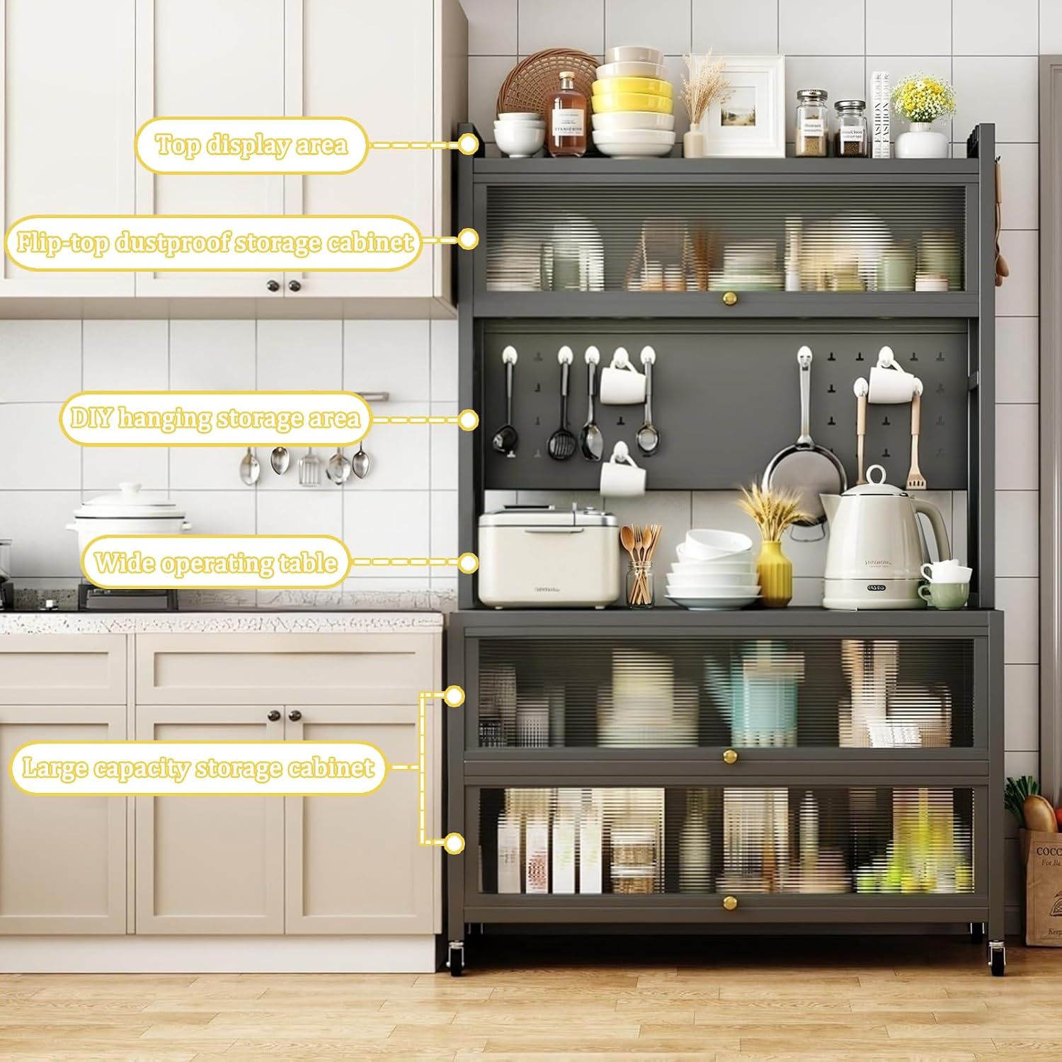 Kitchen Pantry Storage Cabinet, 5 Tier 65' H Metal Sideboard with Wheels and Acrylic Glass Door, Modern Kitchen Storage Rack for Home, Office,Pantry