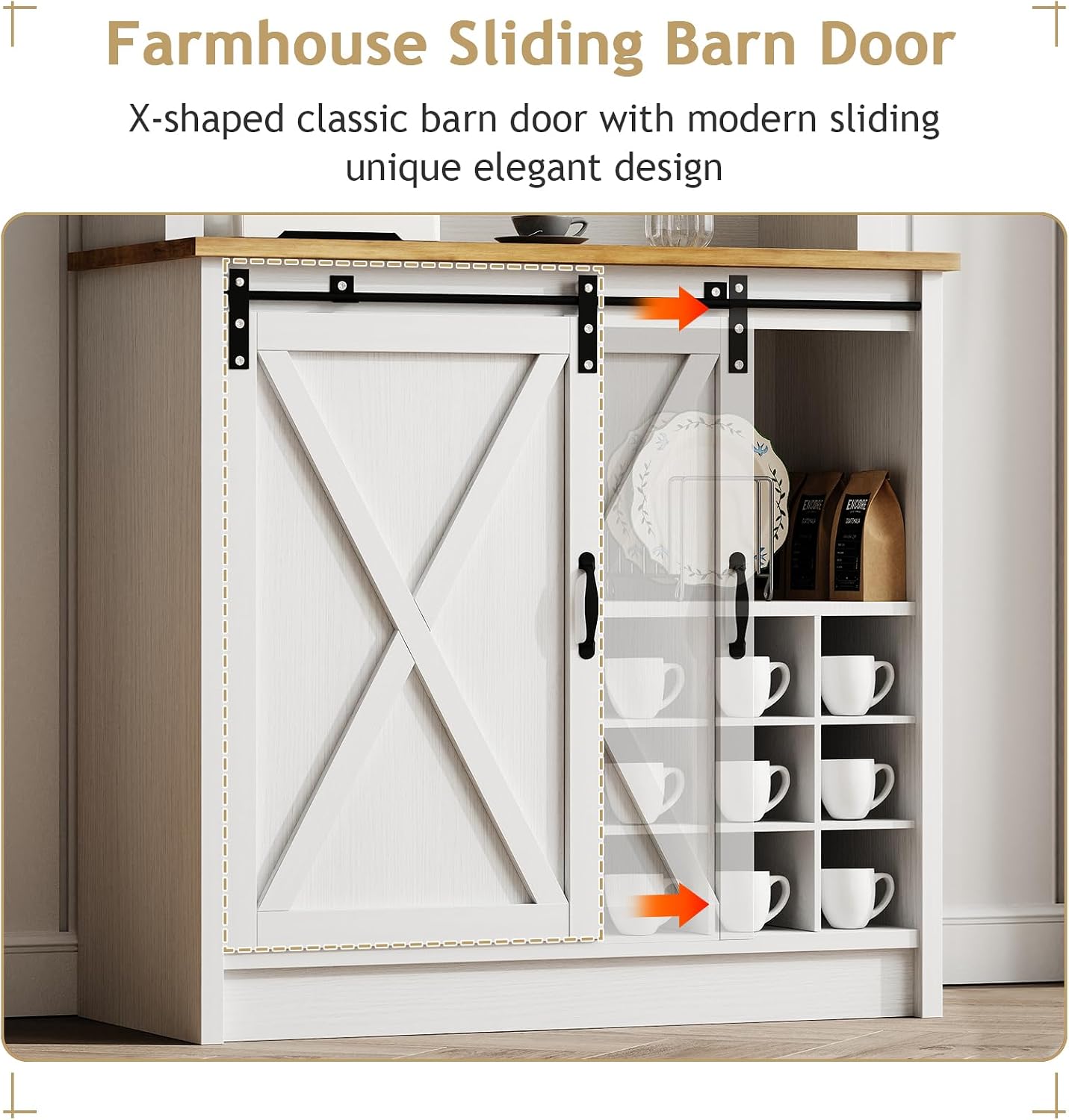 4ever2buy 72' Farmhouse Coffee Bar Cabinet with Sliding Barn Door, White Coffee Bar with Storage, Large Kitchen Buffet Cabinet with Wine Rack, Tall Bar Cabinet Table Living Dining Room
