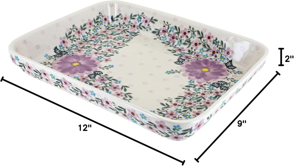 Blue Rose Polish Pottery - Purple Lilac Garden Medium Rectangular Baker - 12' x 9.25' - Unique, Dishwasher Safe, & Durable Bakeware