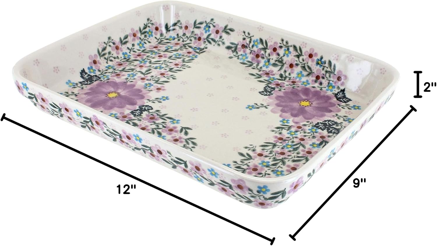 Blue Rose Polish Pottery - Purple Lilac Garden Medium Rectangular Baker - 12' x 9.25' - Unique, Dishwasher Safe, & Durable Bakeware