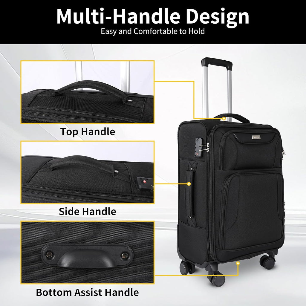 WireHot 3-Piece Softside Expandable Luggage Set with Front Open Pocket, Lightweight and Durable Oxford Fabric Suitcase Set with TSA Lock (Black, 20in/24in/28in)