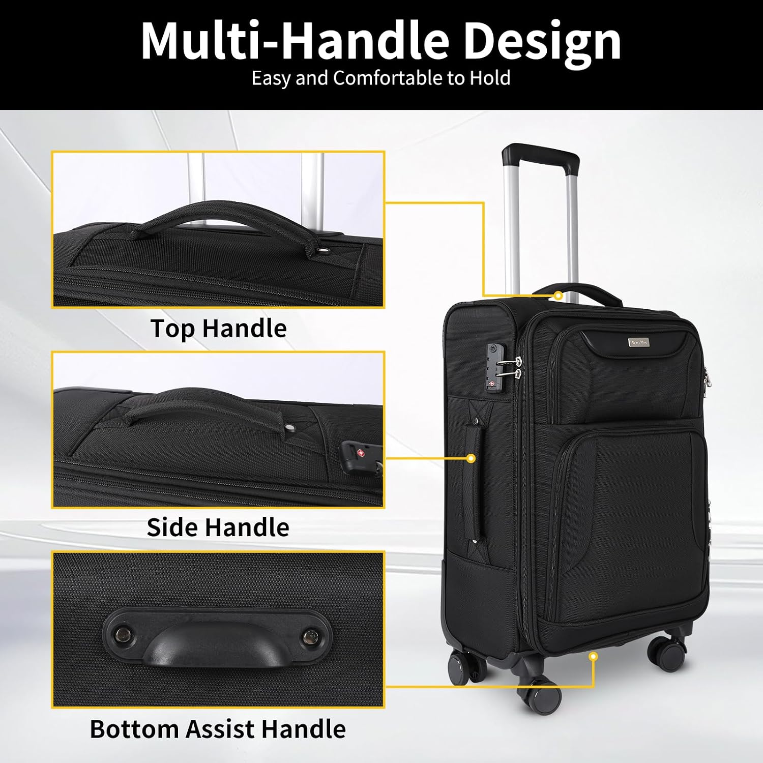 WireHot 3-Piece Softside Expandable Luggage Set with Front Open Pocket, Lightweight and Durable Oxford Fabric Suitcase Set with TSA Lock (Black, 20in/24in/28in)