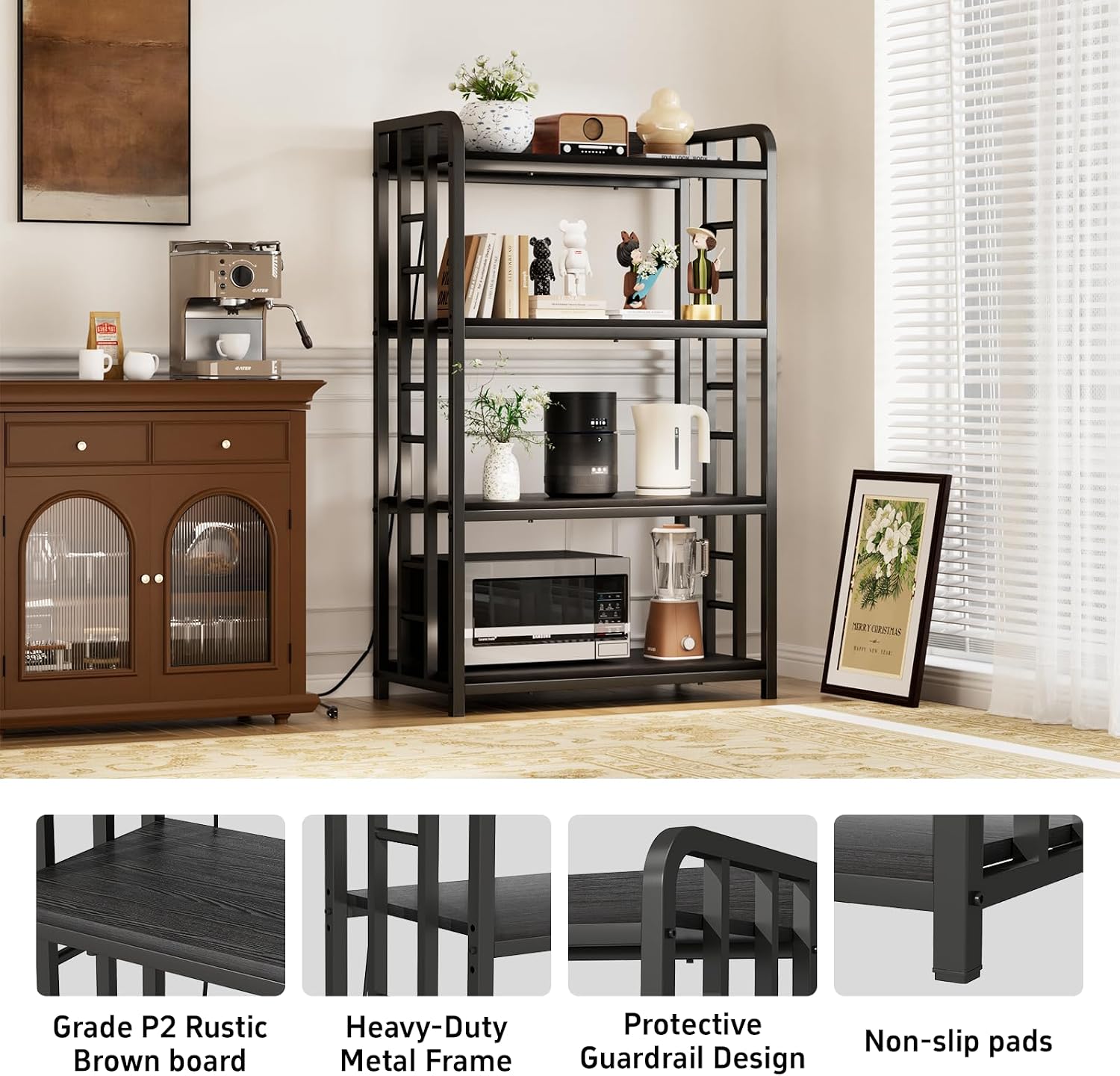 Adjustable Bakers Rack with Power Outlet, 4 Tier Microwave Oven Stand, Heavy Duty Kitchen Storage Rack for Garage Dining Room, Black
