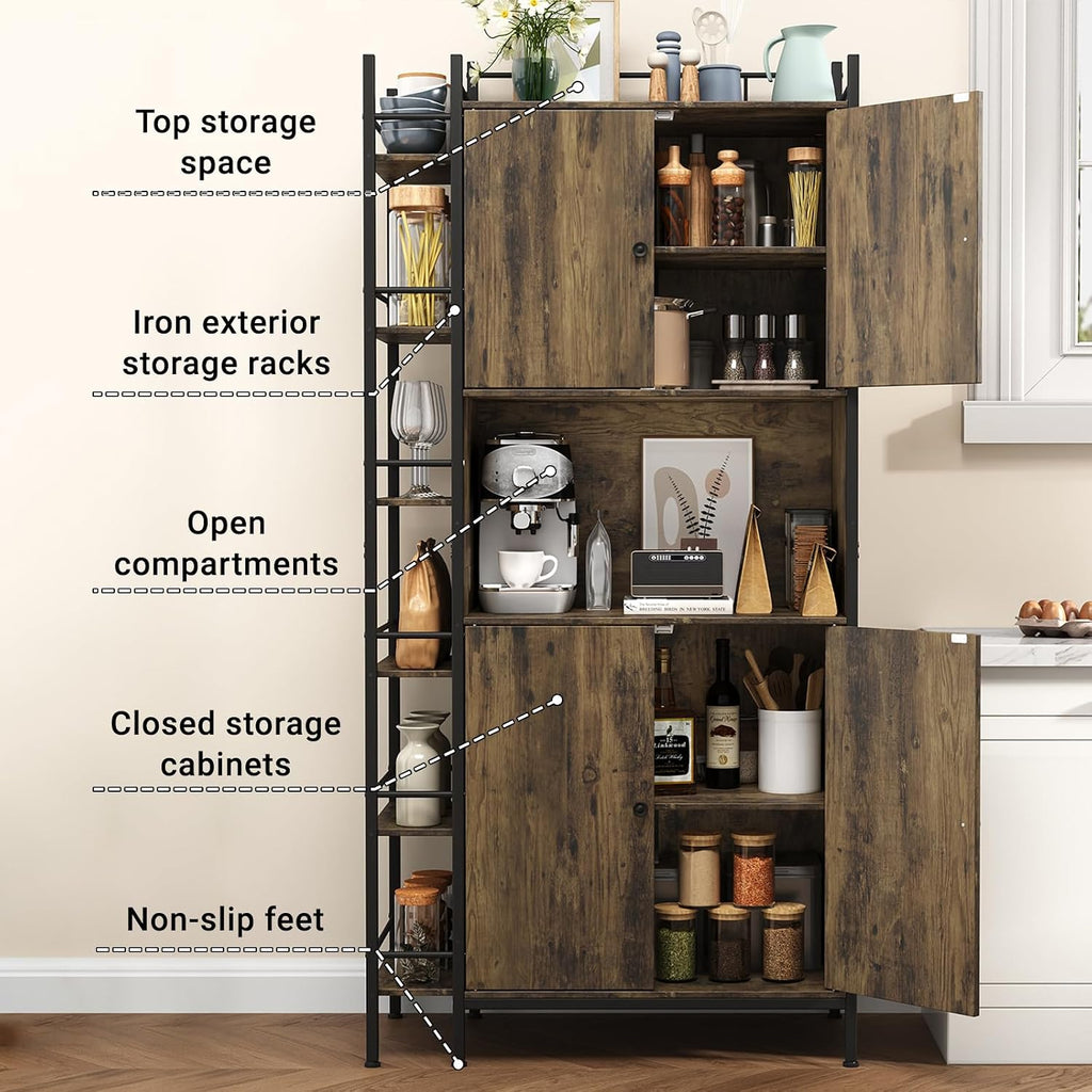 Industrial Style Kitchen Pantry Storage Cabinet, Brown Tall Kitchen Hutch with Microwave Stand, Food Pantry Cabinet with Side 6 Shelves and 2 Doors for Dining Room, Living Room