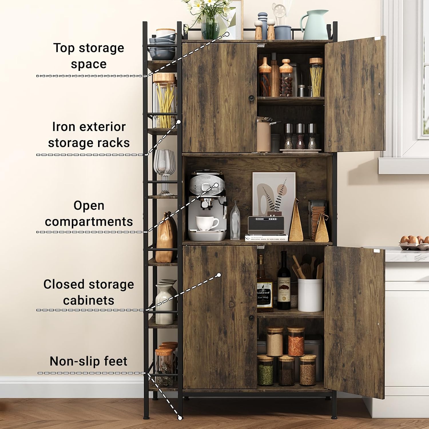 Industrial Style Kitchen Pantry Storage Cabinet, Brown Tall Kitchen Hutch with Microwave Stand, Food Pantry Cabinet with Side 6 Shelves and 2 Doors for Dining Room, Living Room