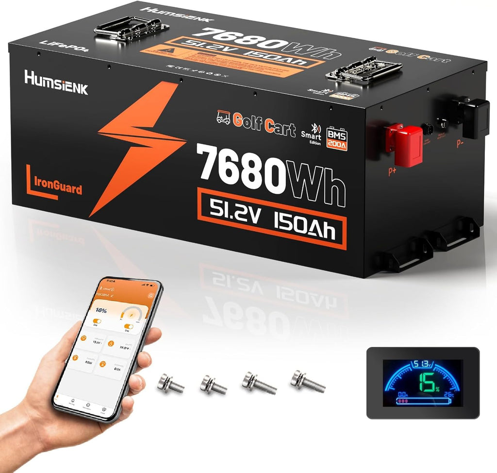 48V 150Ah Golf Cart Battery with Blade Cell & Metal Case, LiFePO4 Lithium Battery with 200A BMS, Bluetooth APP & LCD Monitor, 15000+ Cycles, Peak Current 600A with Low-Temp Protection for Golf Carts
