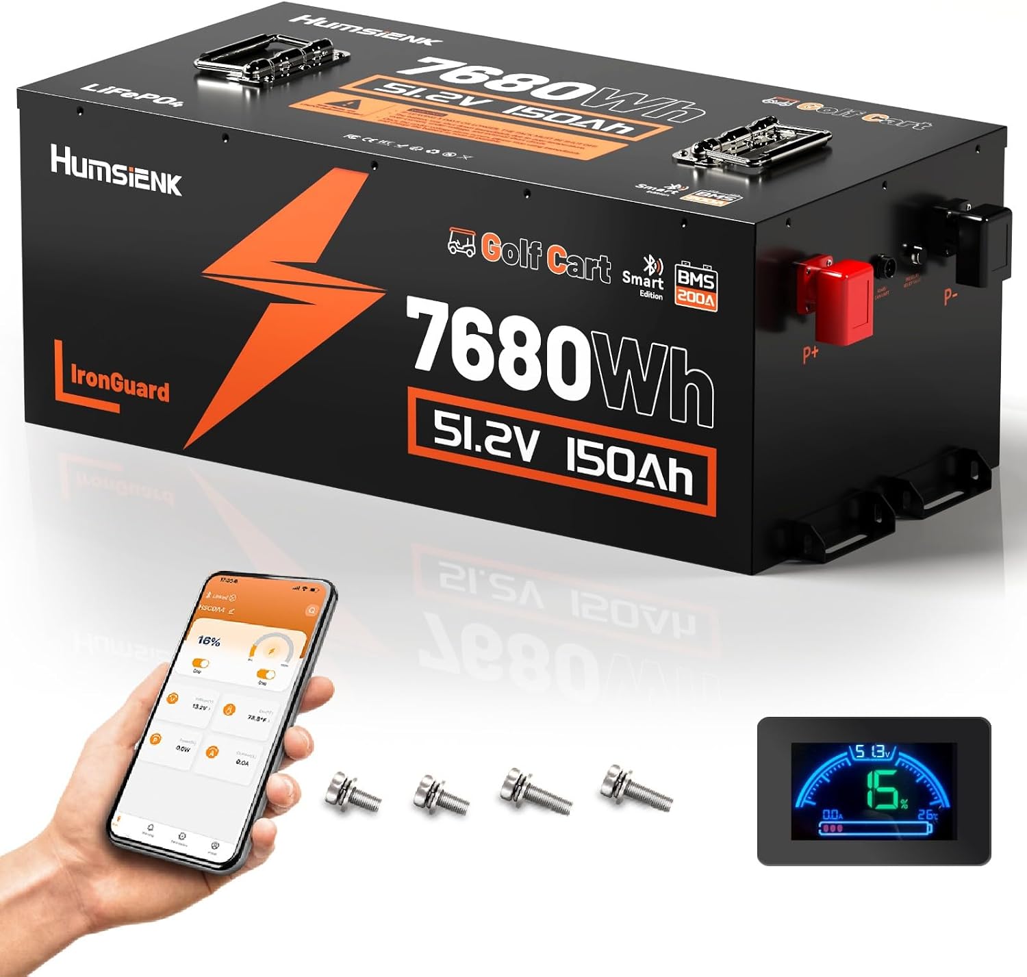 48V 150Ah Golf Cart Battery with Blade Cell & Metal Case, LiFePO4 Lithium Battery with 200A BMS, Bluetooth APP & LCD Monitor, 15000+ Cycles, Peak Current 600A with Low-Temp Protection for Golf Carts