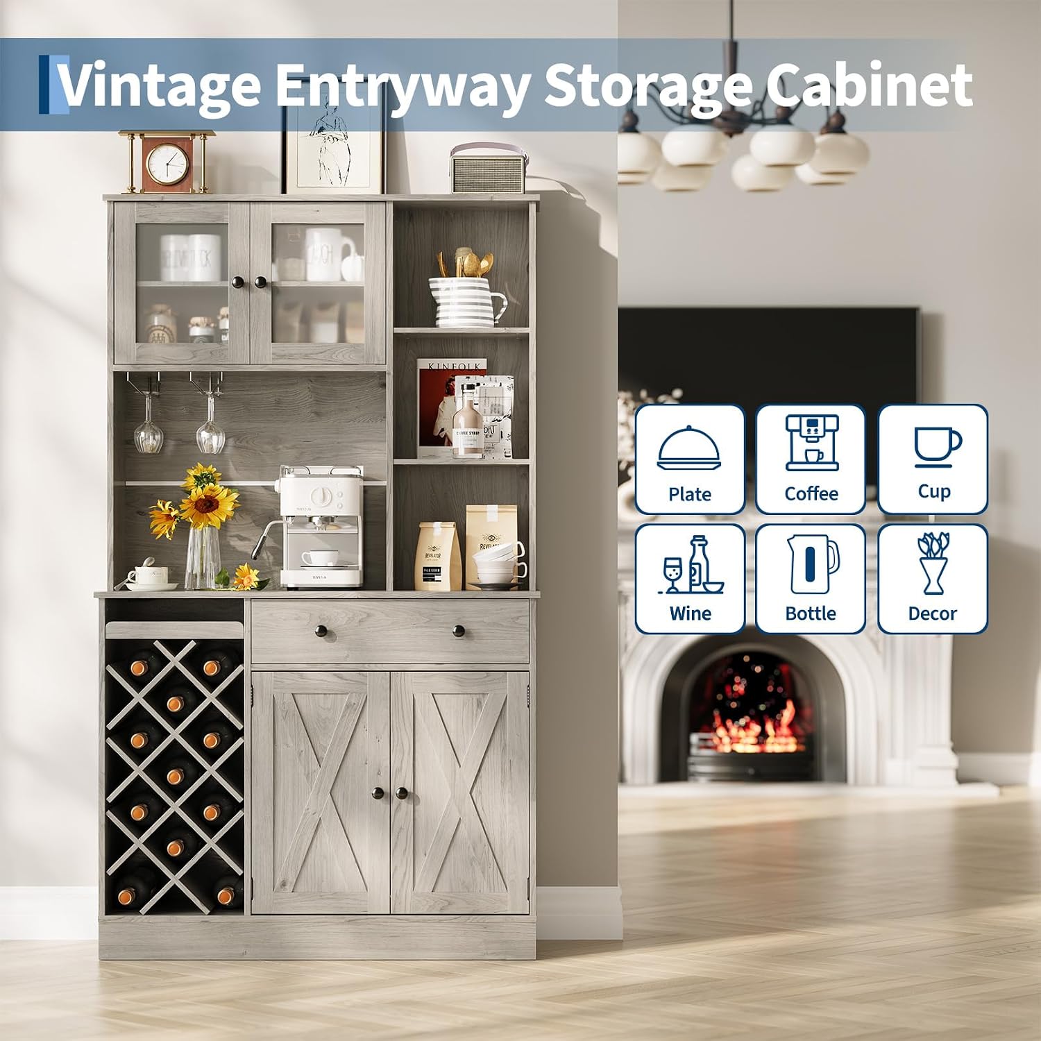 Coffee Bar Cabinet with Power Outlet & Exquisite Barn Doors, 72'' Sideboard Buffet Cabinet with Wine Bottle Rack, Large Kitchen Buffet with Storage and Wine Rack for Kitchen, Dining Room, Living Room
