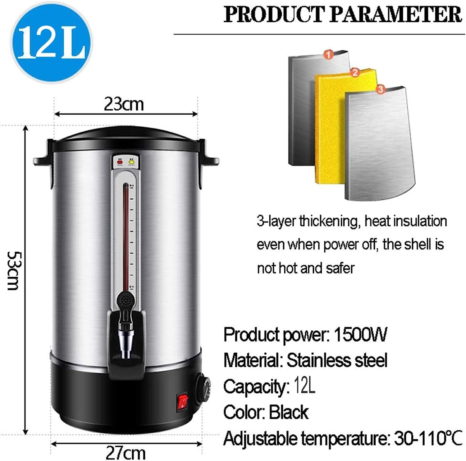 12L Commercial Hot Water Urn Dispenser For Office, Coffee Catering Pot Ideal For Party Chocolate Beverage, Double Wall Stainless Steel Insulation Bucket Milk Tea Shop