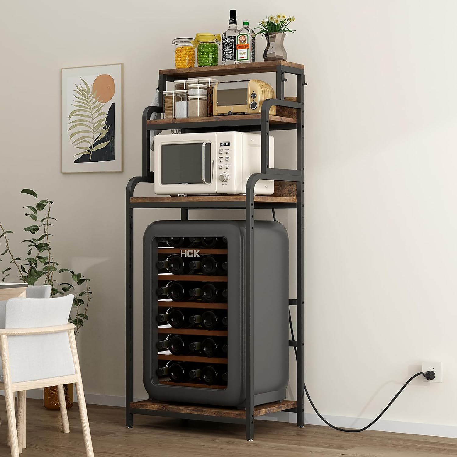 Mini Fridge Stand with Storage, Multifunctional 4-Tier Microwave Oven Stand with Adjustable Shelves and Hooks, Fridge Shelf & Bakers Rack with Power Outlet for Kitchen/Dorm/Living Room/Office, Black