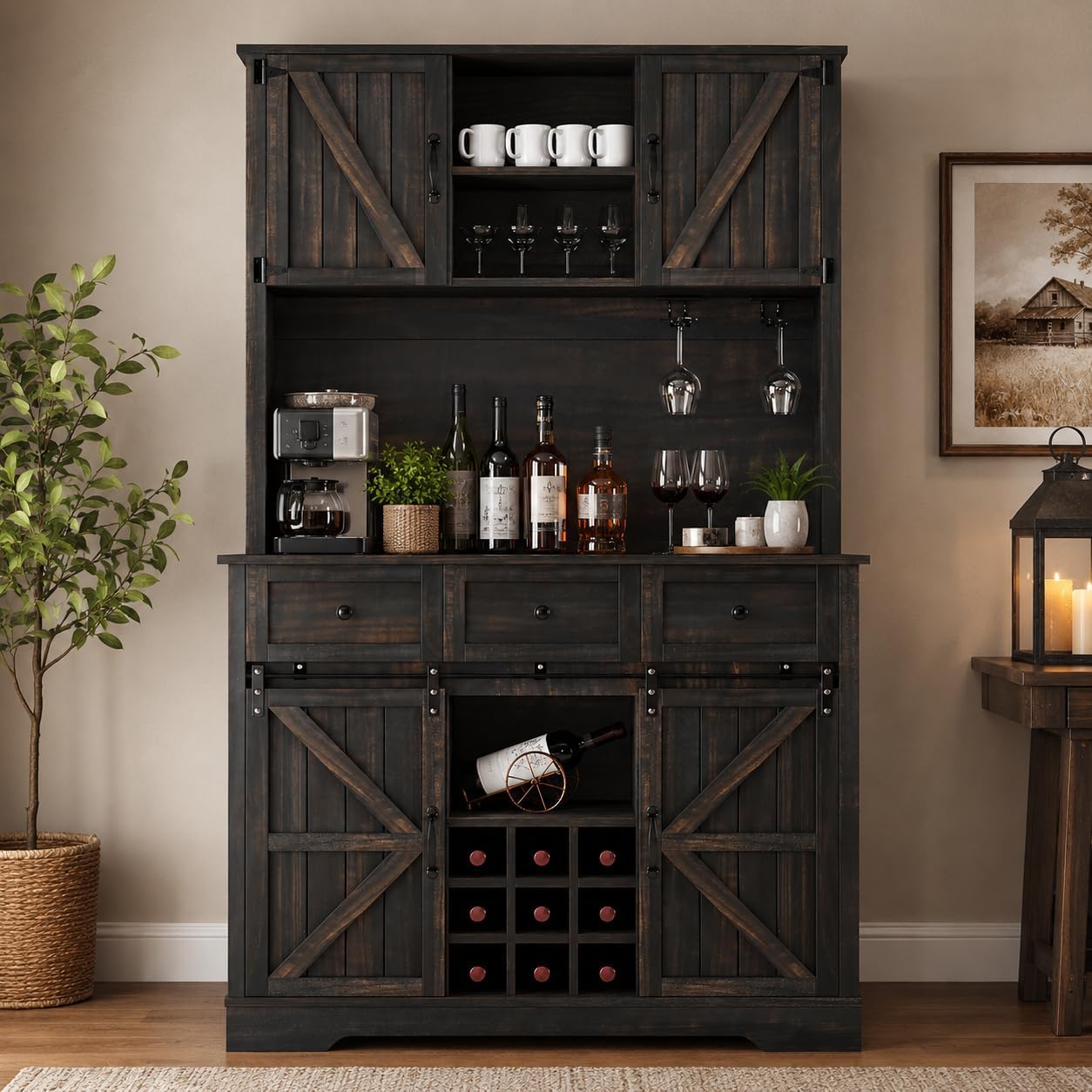 Farmhouse Coffee Bar Cabinet with Wine Rack, 72 'Tall Kitchen Storage Cabinet with 3 Drawers, 9-Bottle Wine Holder, 6 Hooks, Sliding Barn Doors and Adjustable Shelves, for Dining Room, Rustic Oak
