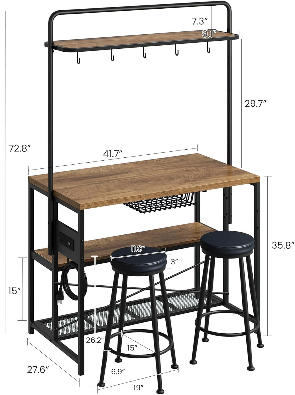 GAOMON 42' Kitchen Island Table Baker Rack with Power Outlet & 2 Bar Stools, Kitchen Storage Shelf with 3-Tier Storage & 5 Hooks, Microwave Stand Coffee Bar Table for Dining Living Room (Natural)