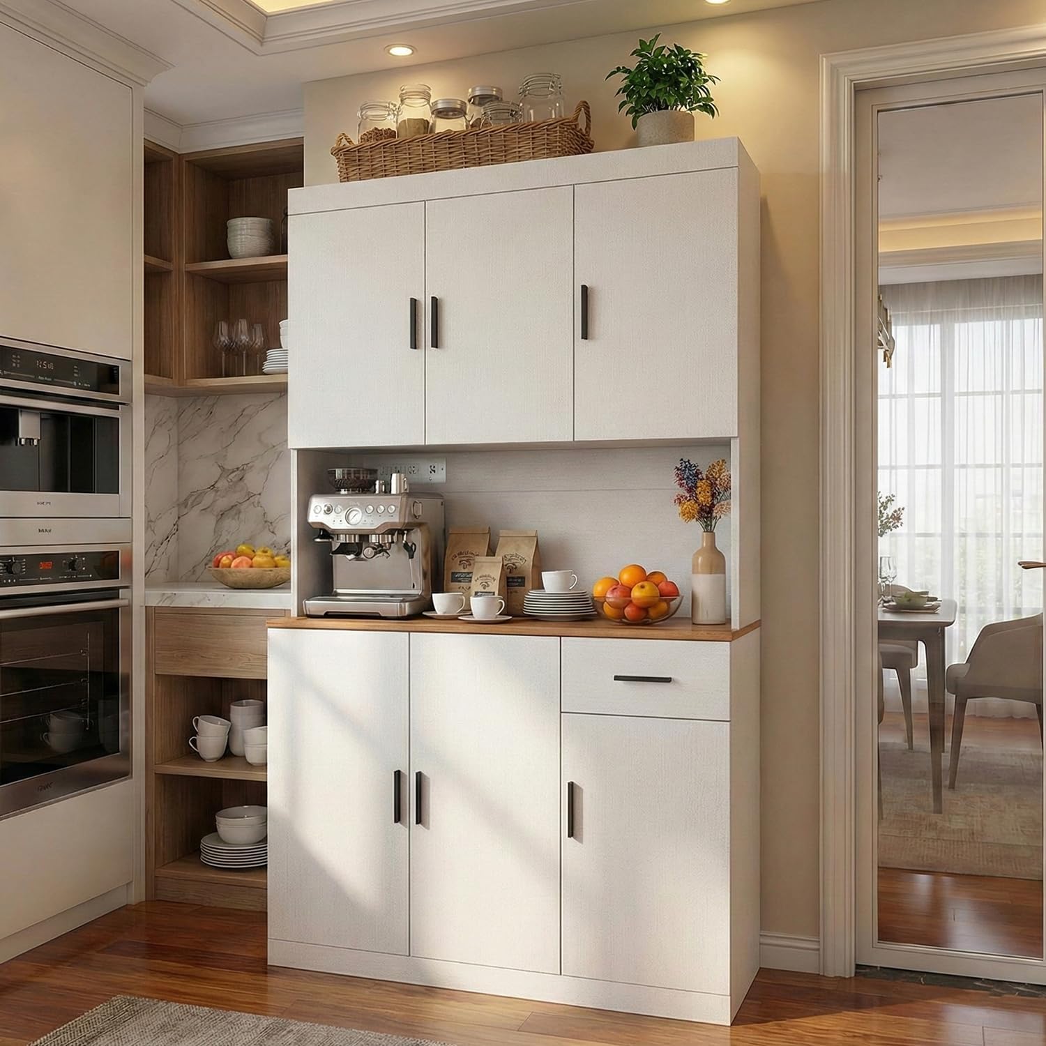 DIYART 71 Inch White Pantry Cabinet with Power Outlet, Heavy-Duty Freestanding Kitchen Storage Organizer with Reinforced Frame, Pantry Hutch for Kitchen, Dining Room, Laundry Room | Extra-Wide