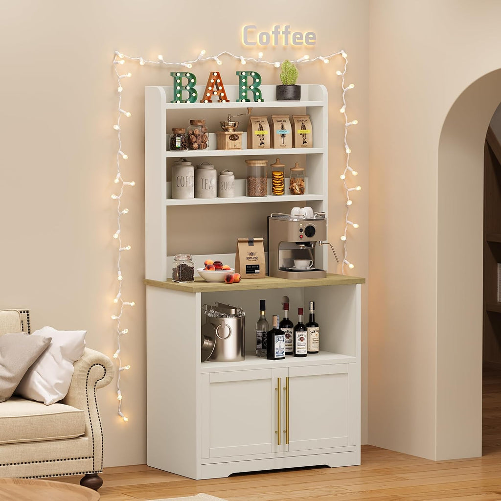 Garvee Farmhouse Bakers Rack with Power Outlets, Microwave Stand with Cabinet, Kitchen Hutch Pantry Cabinet, Kitchen Coffee Bar Cabinet for Spices, Dishes, and Pots, White