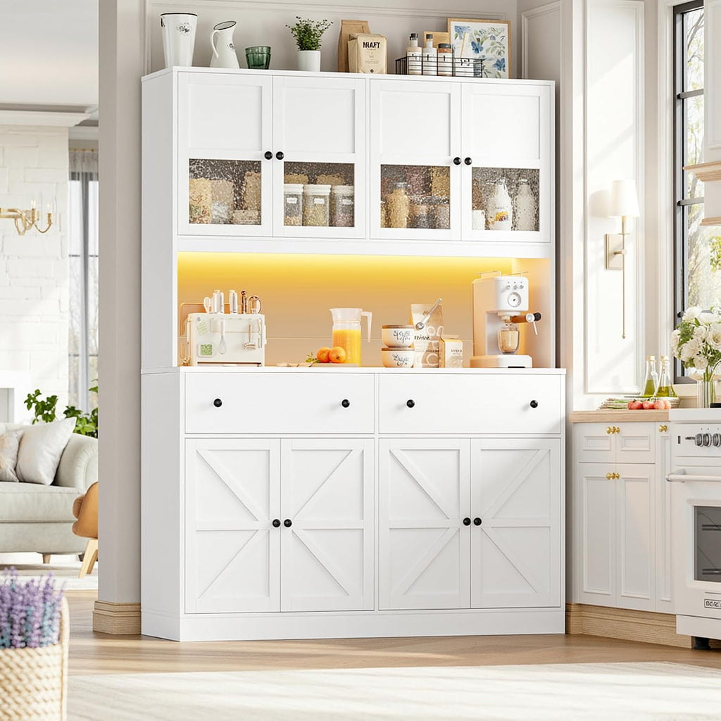 FINETONES 71' Pantry Cabinet with LED Light and Charging Station, Farmhouse Kitchen Pantry Cabinet with Microwave Stand, 47.2' Wide Kitchen Hutch Food Pantry with Open Countertop, White