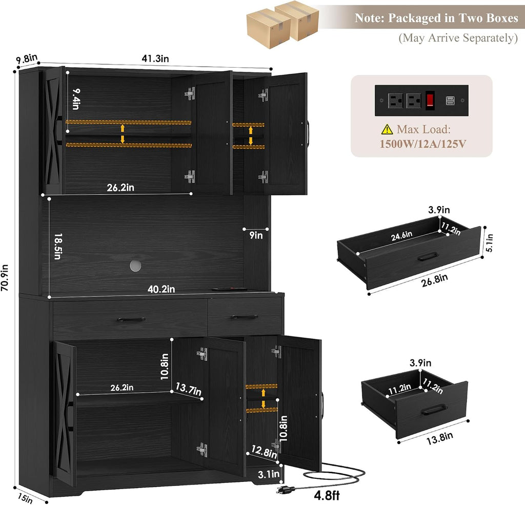 HOSTACK 71' Pantry Cabinet with Charging Station, Tall Kitchen Pantry Storage Cabinet with Microwave Stand, Farmhouse Kitchen Hutch with Storage Drawers for Living Room, Dining Room, Black Wood Grain