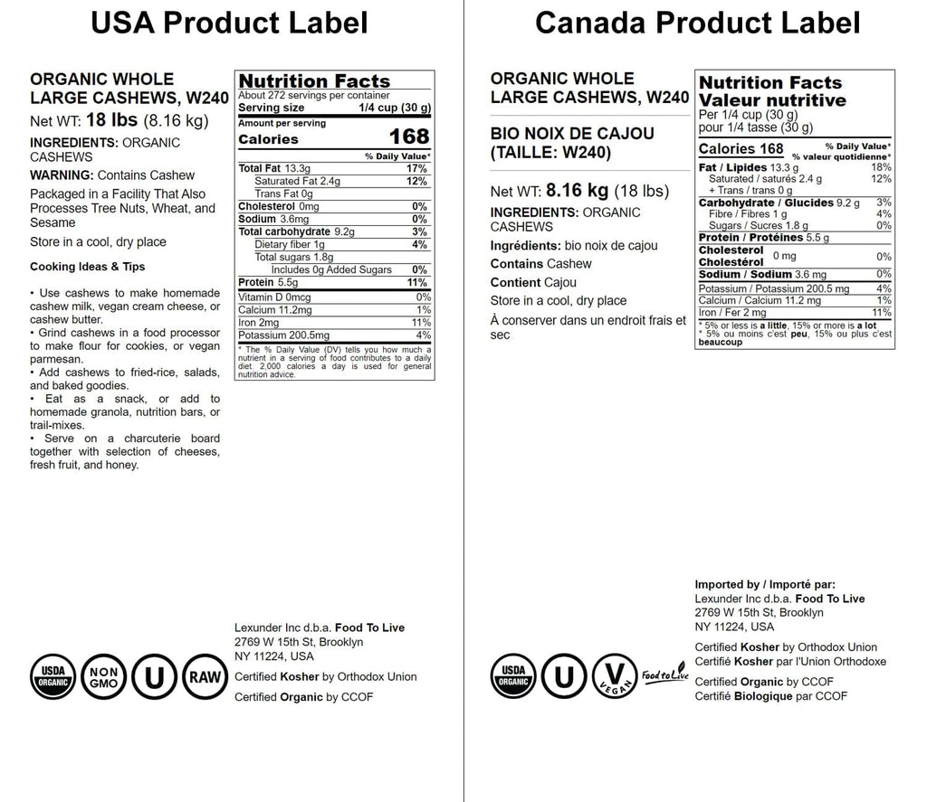 Food to Live Organic Cashews, 18 Pounds – Whole, Size W-240, Unsalted, Non-GMO, Kosher, Raw, Vegan, Bulk