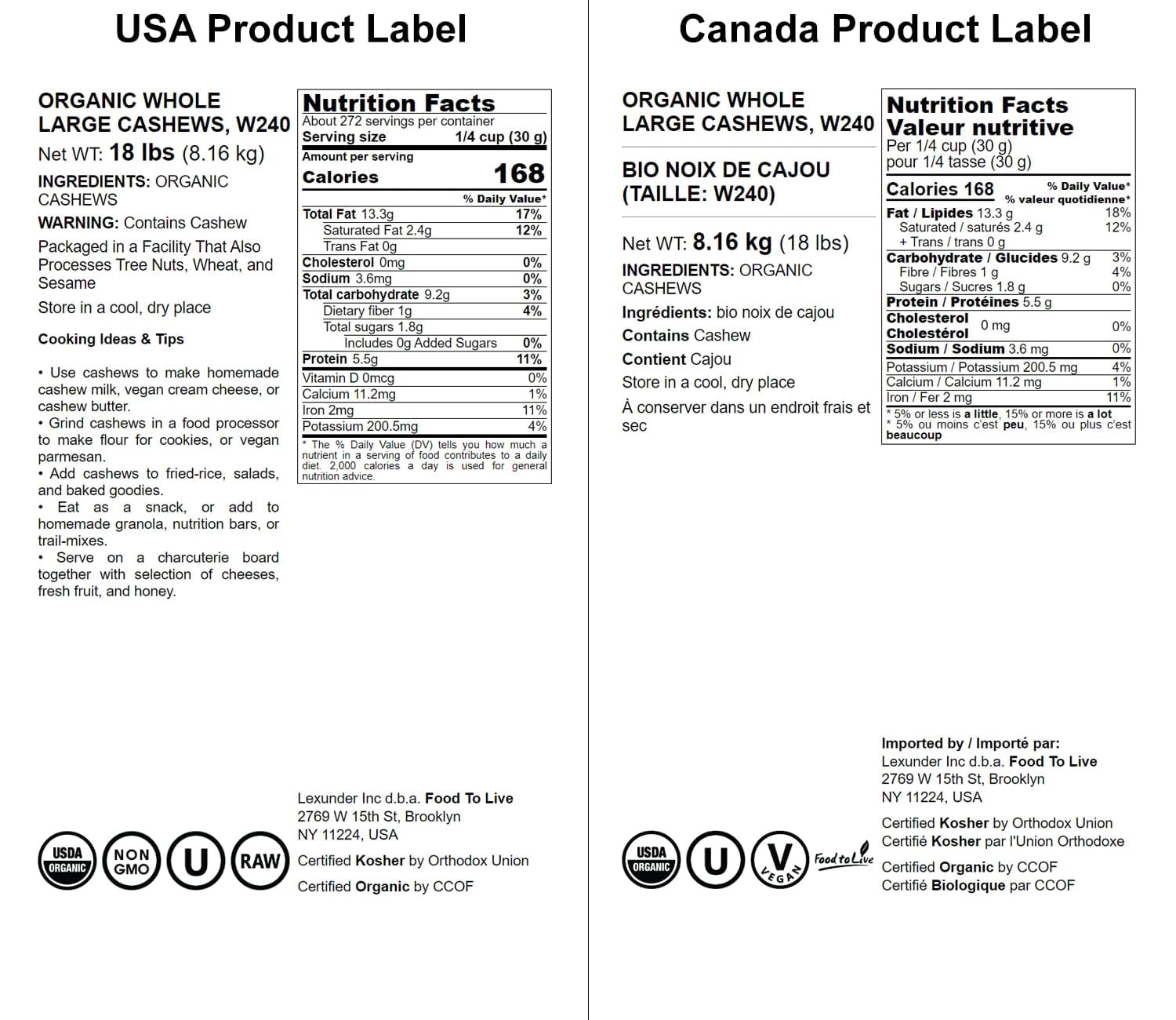 Food to Live Organic Cashews, 18 Pounds – Whole, Size W-240, Unsalted, Non-GMO, Kosher, Raw, Vegan, Bulk