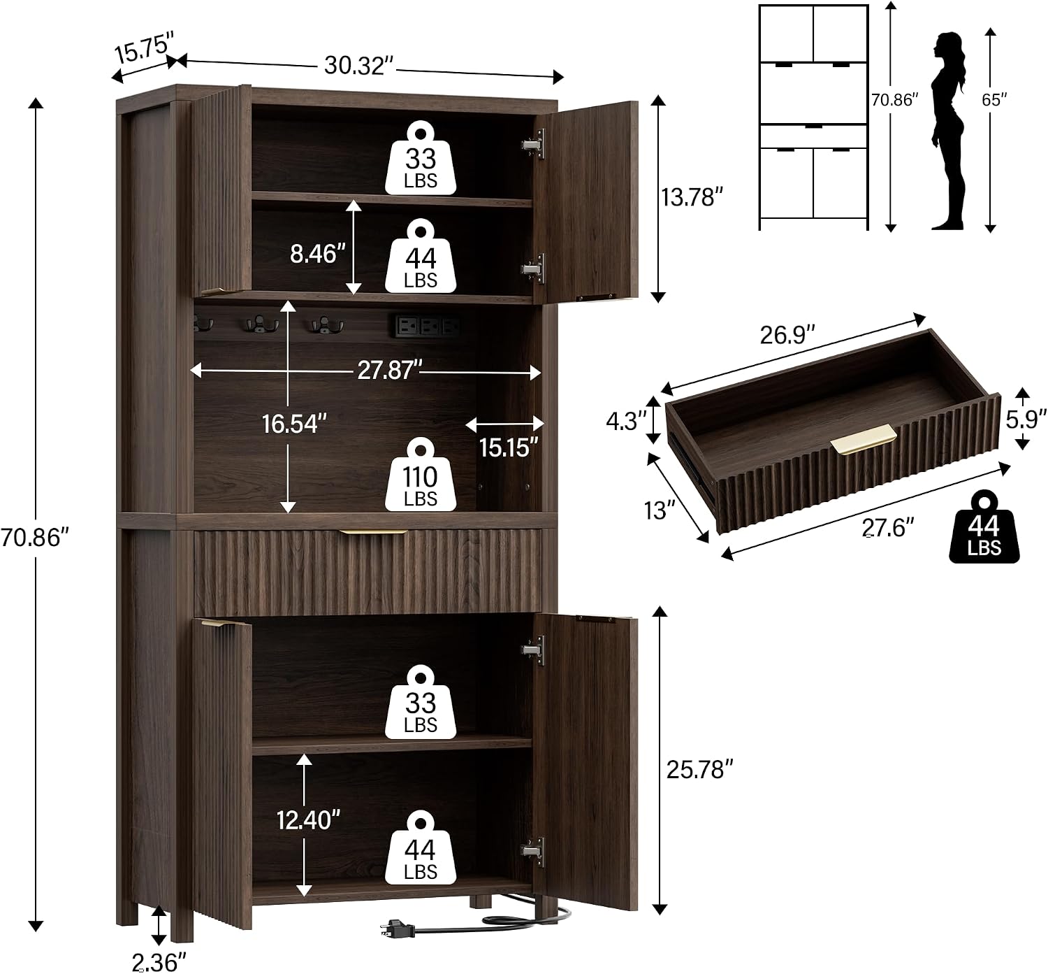 Lulive 71' Fluted Pantry Cabinet with Charging Station & Adjustable Shelves, Spacious Kitchen Storage Cabinet with Open Countertop & Drawer for Dining Room, Living Room, Brown