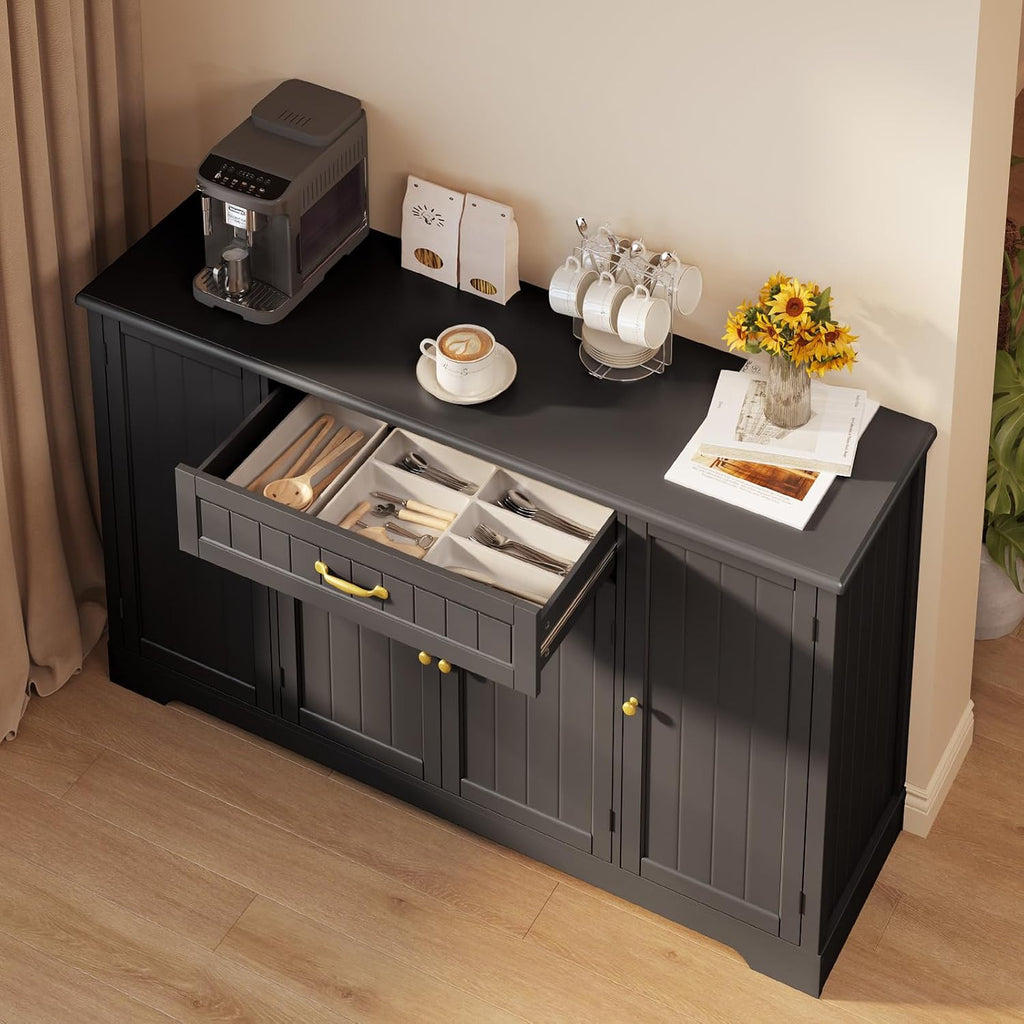 Gizoon 56' Kitchen Coffee Bar Cabinet with Storage Kitchen Sideboard Buffet Cabinet with Drawers, Short Pantry with Door and Shelves for Bathroom and Living Room, Black