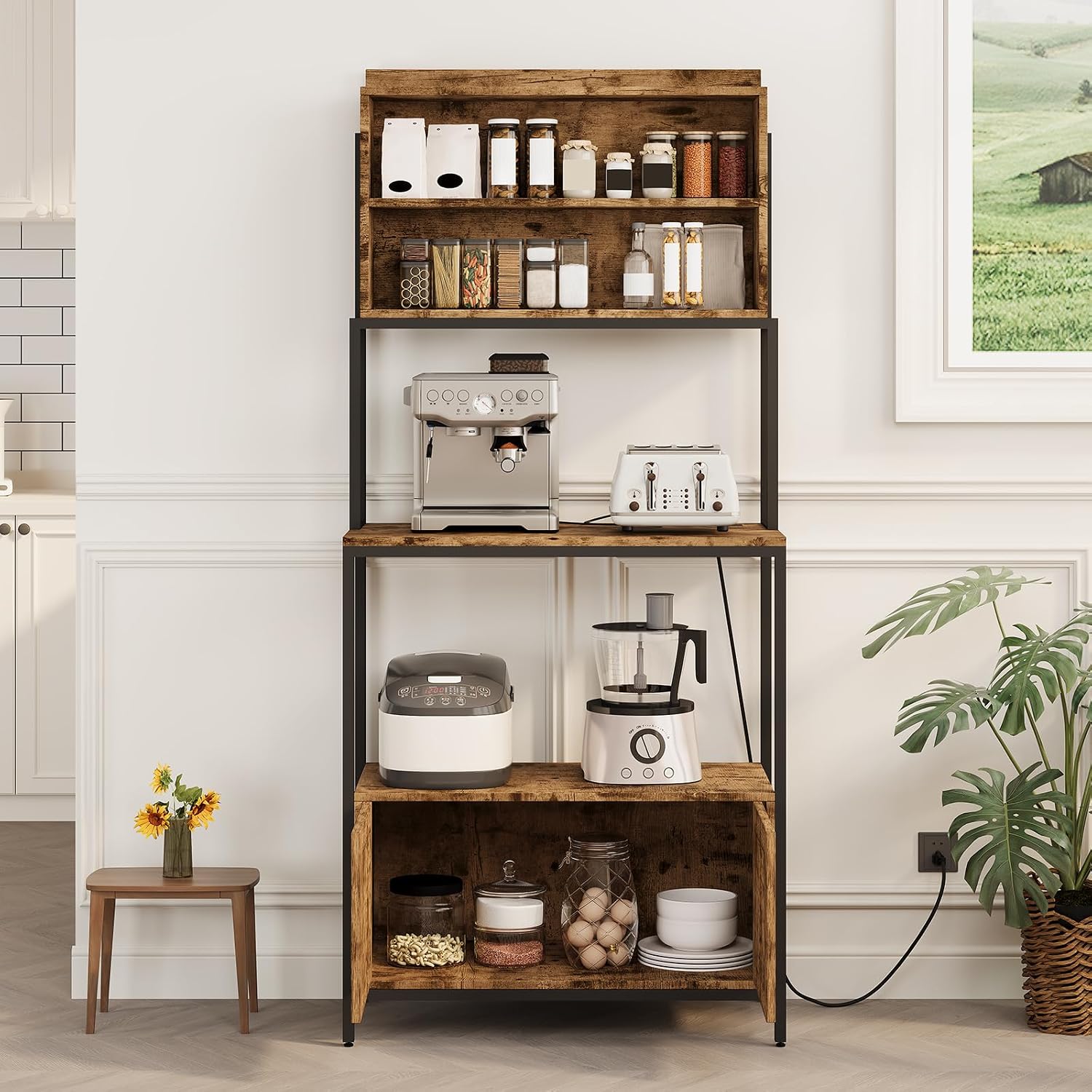 68' Kitchen Bakers Rack with Storage, Freestanding 6-Tier Industrial Coffee Bar Station with Power Outlet, Microwave Stand with Shelves & Cabinet for Pots, Pans, Spices & Kitchen Essentials