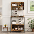 68' Rustic Brown 6-Tier Kitchen Bakers Rack with Power Outlet – Microwave Stand, Coffee Bar Cabinet, Storage Organizer Shelf, 2 Louvered Door Cabinets for Kitchen, Living Room, Office