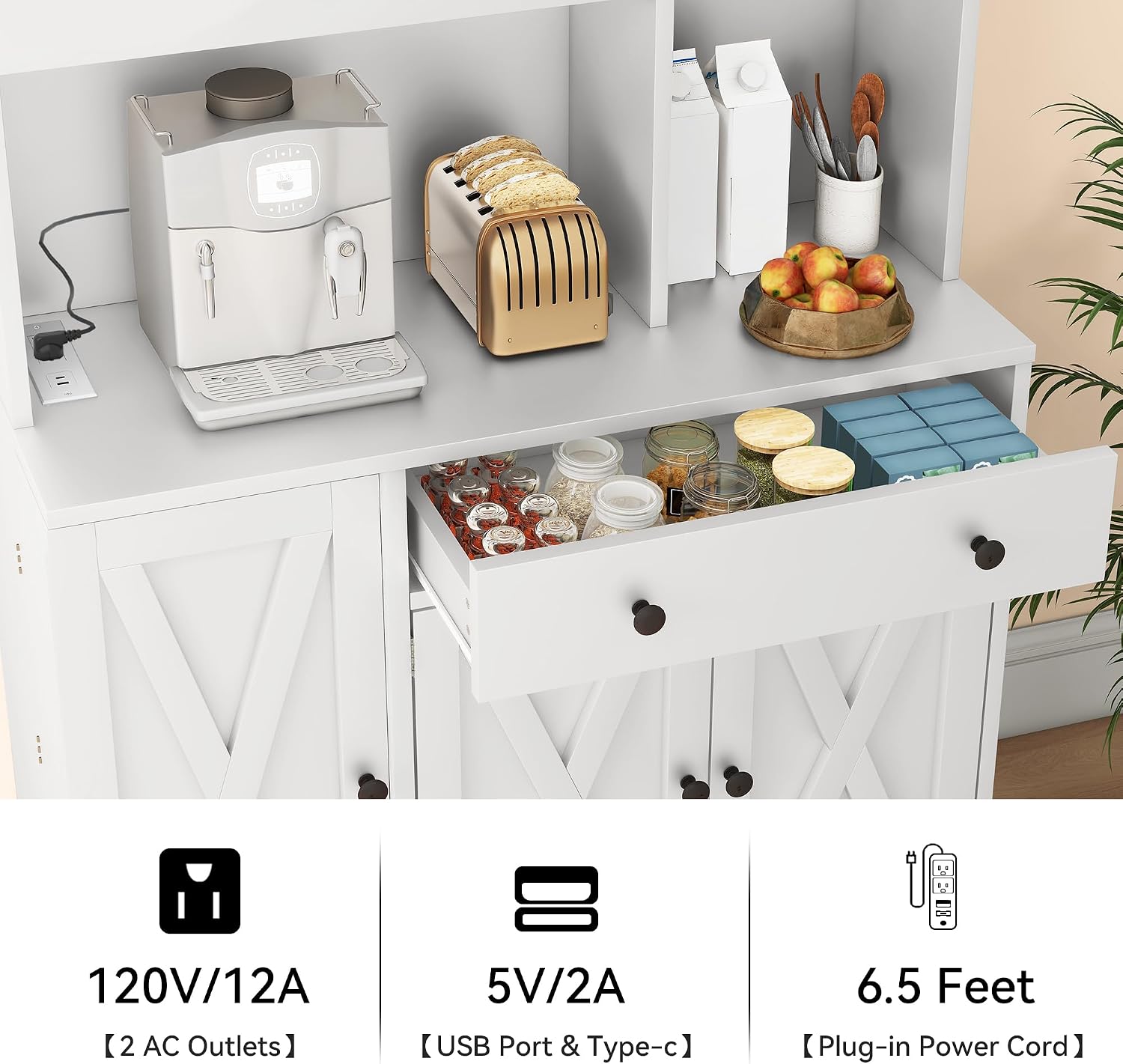 YITAHOME 71''H Kitchen Pantry Cabinet, Tall Cabinet with Drawer, Doors, Goblet Holder, Wine Rack & Power Outlet for Kitchen, Living Room (White)