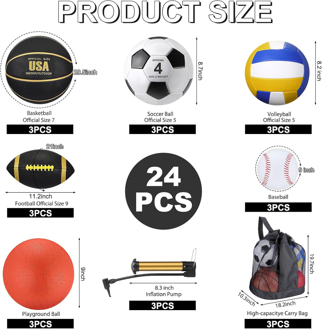 Leyndo 18 Pcs Sports Ball Set for Kids, Official Size Basketball Football Soccer Ball Playground Volleyball Baseball Outdoor Sport Equipment Bag and Pump Back to School Gift