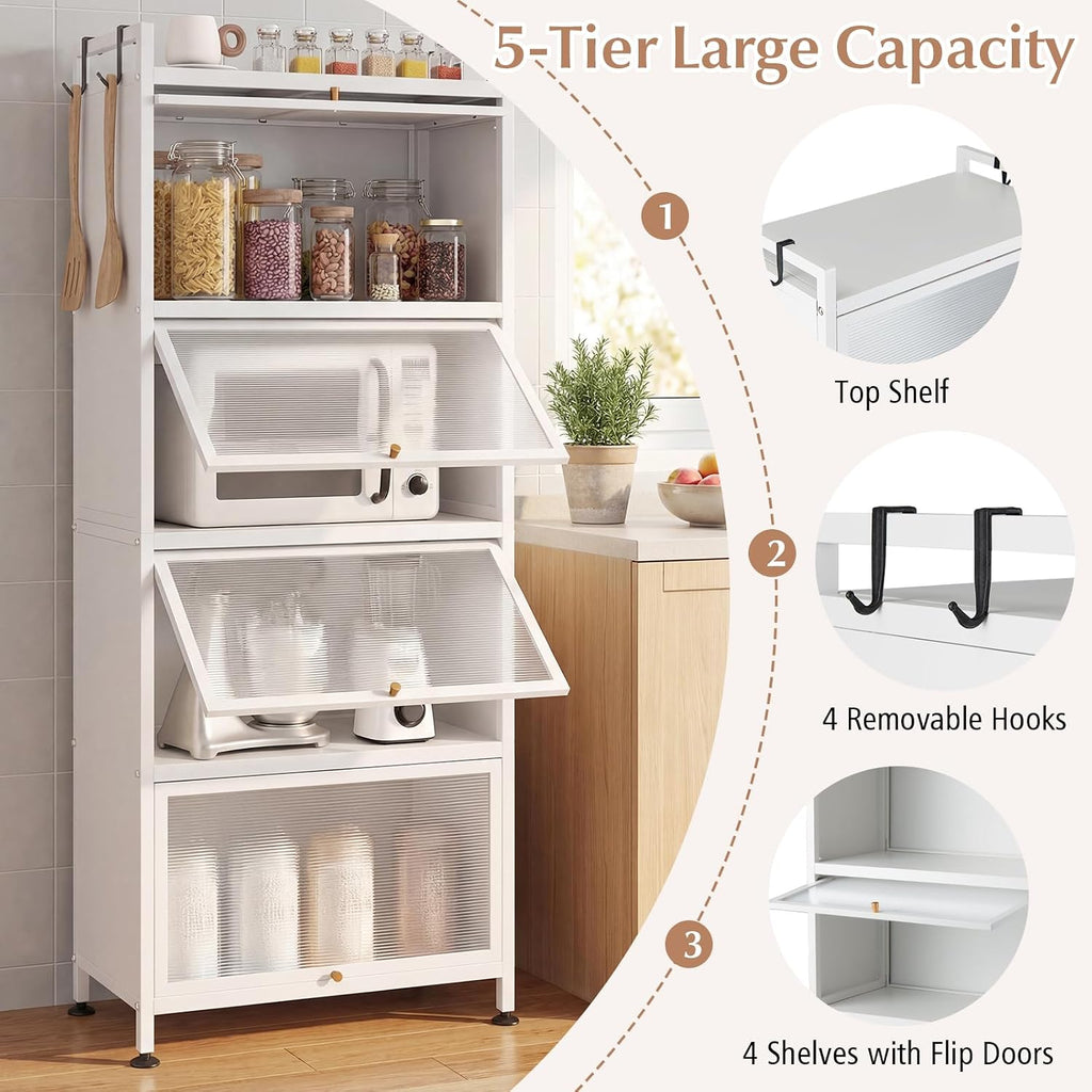 MAT EXPERT 5-Tier Kitchen Storage Cabinet, Freestanding Appliance Cabinet on Wheels with Flip Door & Anti-Topping Device, Kitchen Pantry Bakers Rack for Living Room, Study(White)