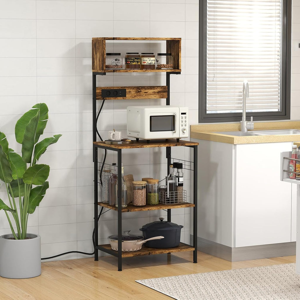 Kitchen Baking Rack with Power Socket, Microwave Stand with Adjustable Shelves and 5 Hooks, 4-Tier Stand for Kitchen, Living Room, Small Space, Mini Narrow Bread Rack, Country Brown