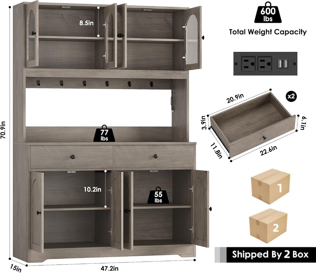 HIFIT 71' LED Kitchen Pantry Cabinet with Power Outlet, Large Kitchen Hutch Storage Cabinet with Arched Door, Shelves, 2 Drawer, Tall Farmhouse Coffee Bar w/Hutch for Home Dining Living Room, Ash Grey