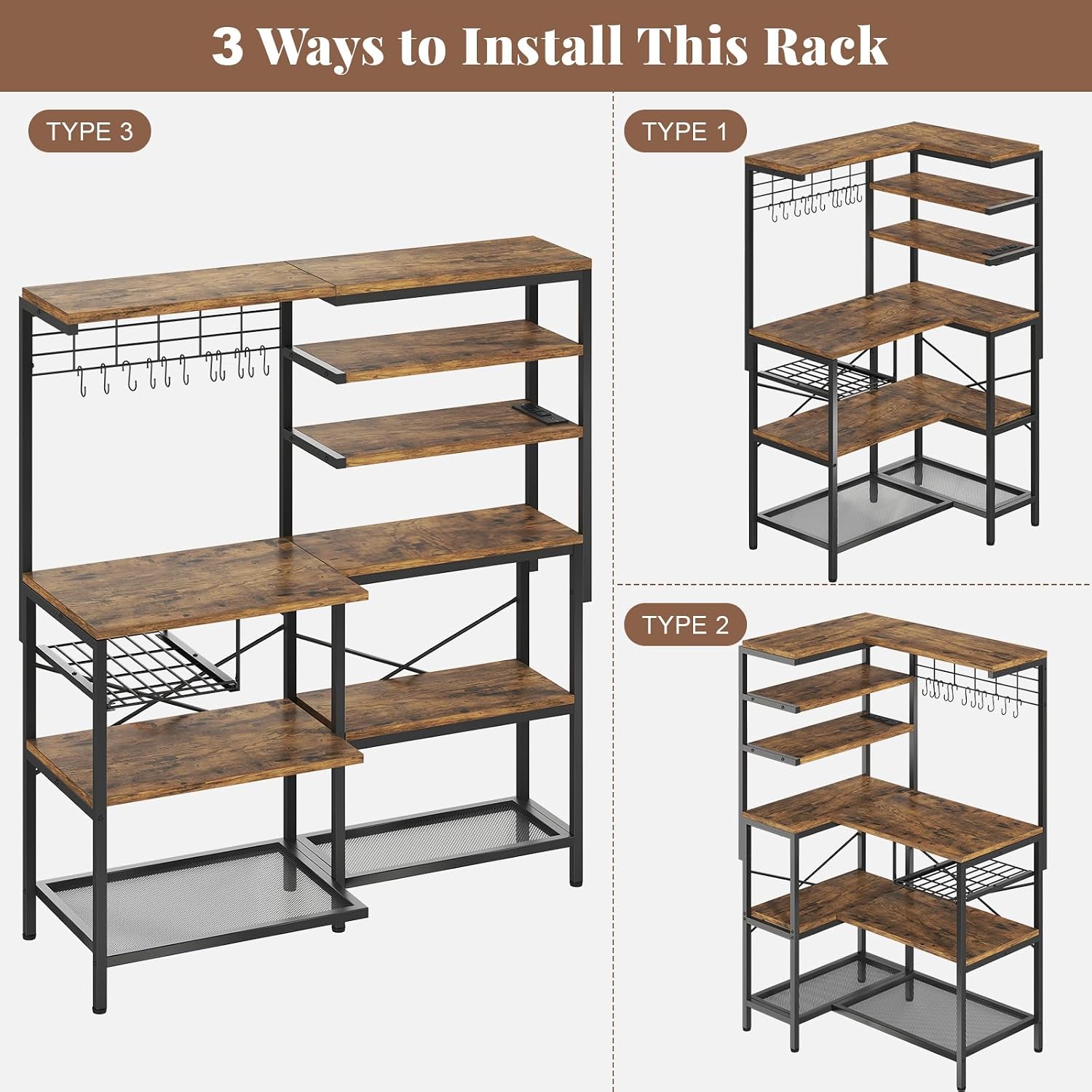 L-Shaped Bakers Rack with Power Outlet, 6-Tier Microwave Stand with Open Storage, Kitchen Shelf with Hooks, Coffee Bar with Wire Basket, Rustic Brown and Black