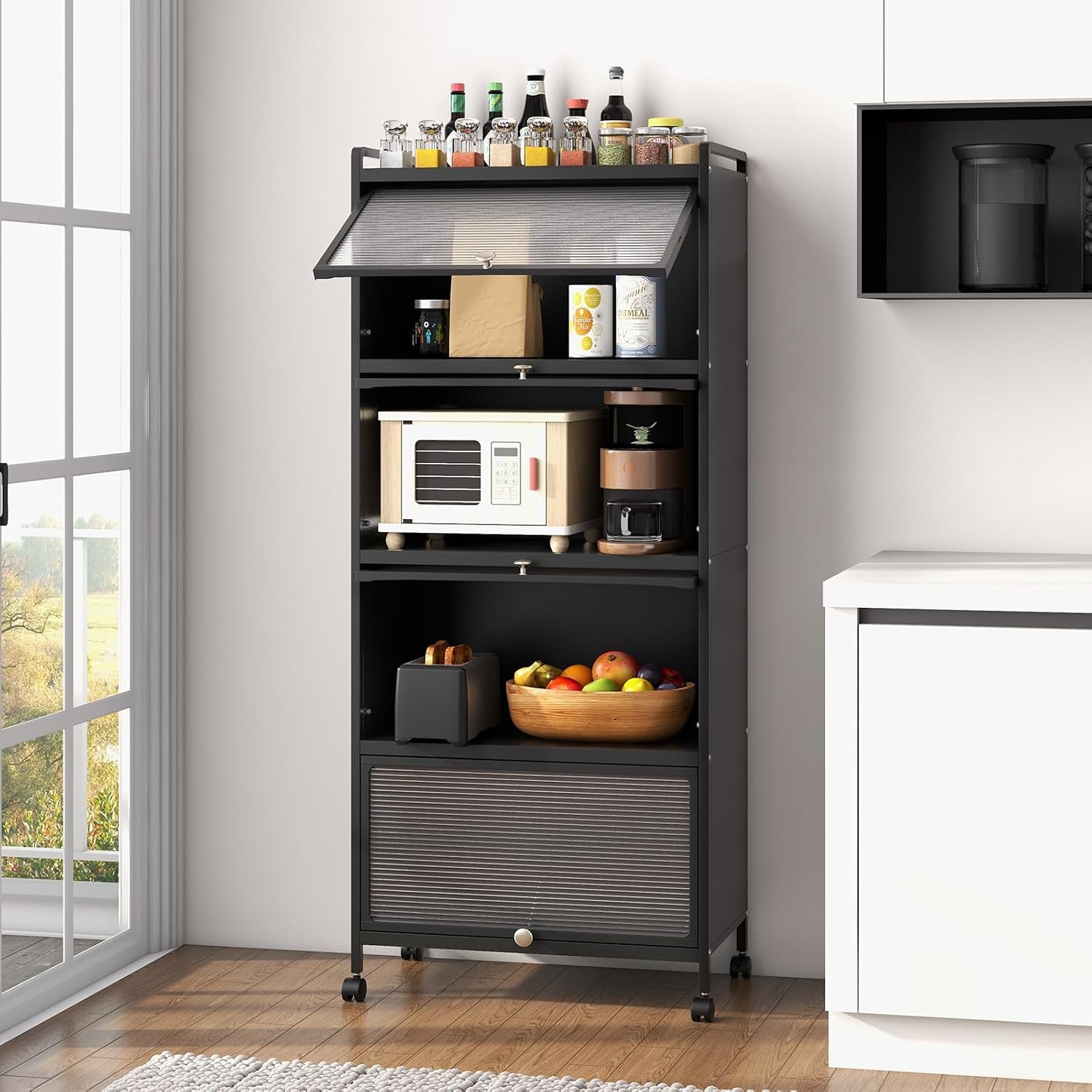 SIMOE Black 5-Tier Kitchen Storage Cabinet, Mobile Microwave Stand with Flip-Up PC Doors, Freestanding Baker's Rack with 4 Rolling Casters for Dining Room, Living Room and Study