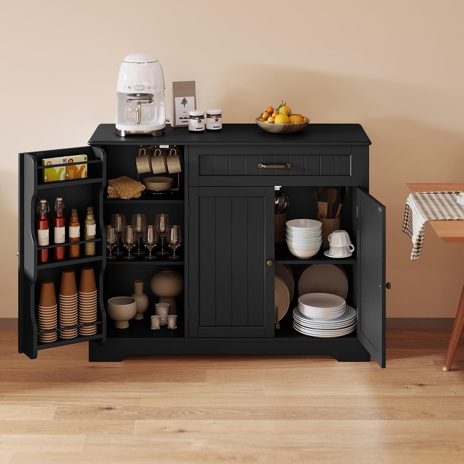 Gizoon Kitchen Sideboard Buffet Cabinet with Storage Small Coffee Bar Cabinet with Drawer, Kitchen Pantry Storage Cabinet with Door and Shelves for Bathroom and Living Room, Black, Painted