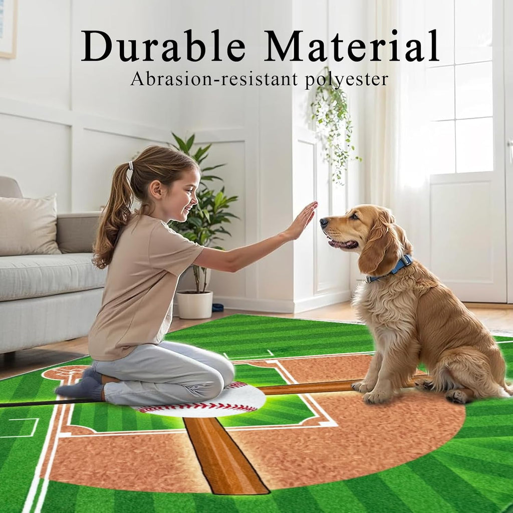Washable Low Pile Baseball Rug 8x10- Sports Decor for Boys Room, Non-Slip Kids Bedroom Carpet, Durable Baseball Themed Floor Mat