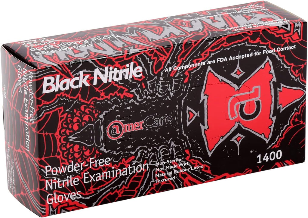 AmerCareRoyal Black Widow Nitrile Latex Free Disposable Gloves - Powder-Free, Exam Grade Gloves with Textured Grip - Extra Large, Black, Case of 1000