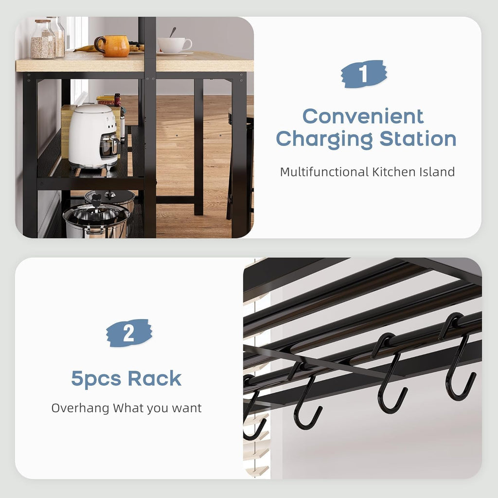 Kitchen Island with Power Outlet, Kitchen Island Table with Baker's Rack and Microwave Shelf, Coffee Bar with 3-Tier Shelves, 5 Hooks, for Dining Room, Living Room