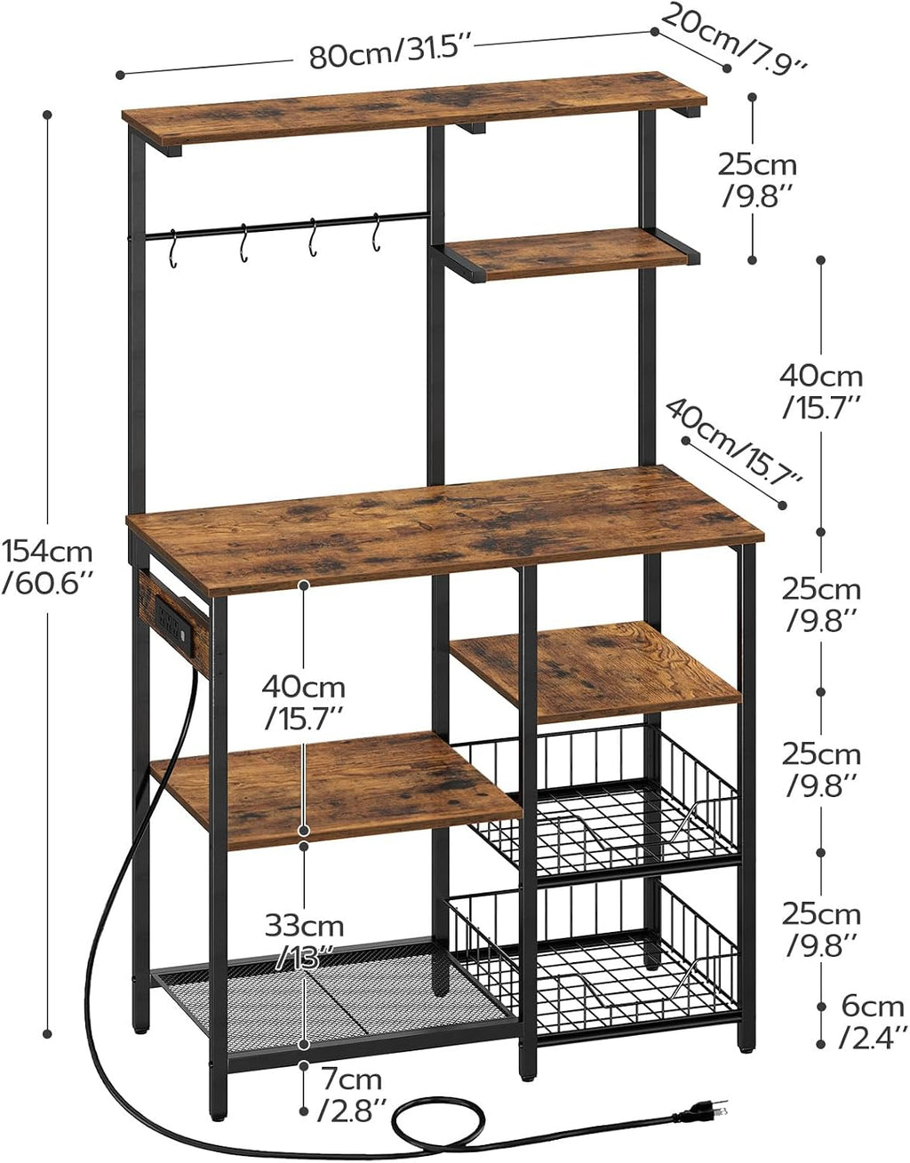 HOOBRO Bakers Rack with Power Outlet and LED Light Strings, Microwave Stand BF64UDHB01-BF07UHB01