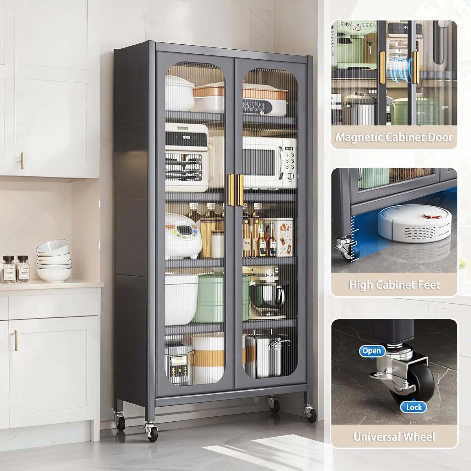 Kitchen Pantry Storage Cabinet, 6 Tier 65' H Metal Sideboard with Wheels and Acrylic Glass Door, Modern Kitchen Storage Rack for Home, Office,Pantry