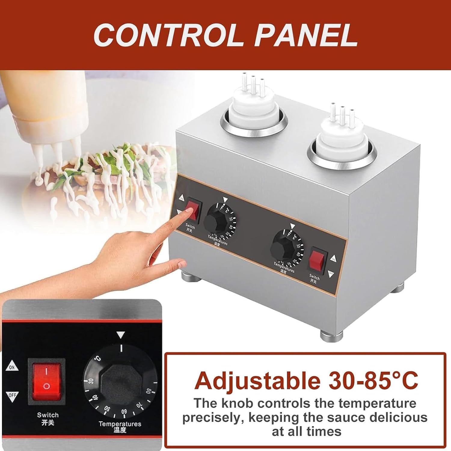 Countertop Stainless Steel Sauce Bottle Warmer, Electric Cheese Sauce Warmer, Commercial Cheese Dispenser, With Bottles, Independent Temperature Control, For Heating Chocolate, Butter And Jam 3网格