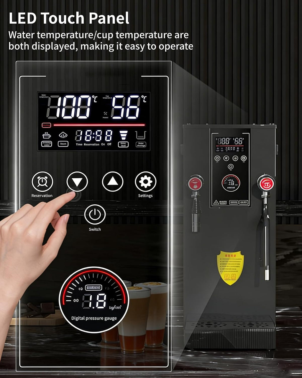 Commercial Hot Water Dispenser, 2500W Milk Frother, 12L Stainless Steel Water Dispenser with LED Display, for Latte, Cappuccino, Coffee, Hot Chocolate, Milk Tea Foam, Hot Water Dispenser
