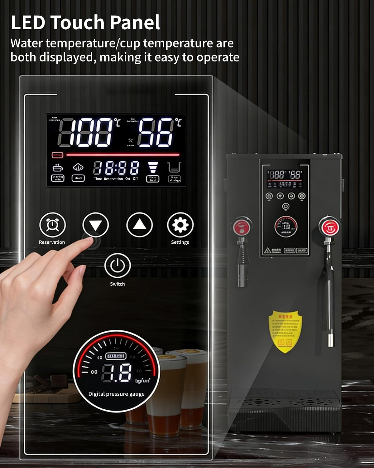 Commercial Hot Water Dispenser, 2500W Milk Frother, 12L Stainless Steel Water Dispenser with LED Display, for Latte, Cappuccino, Coffee, Hot Chocolate, Milk Tea Foam, Hot Water Dispenser