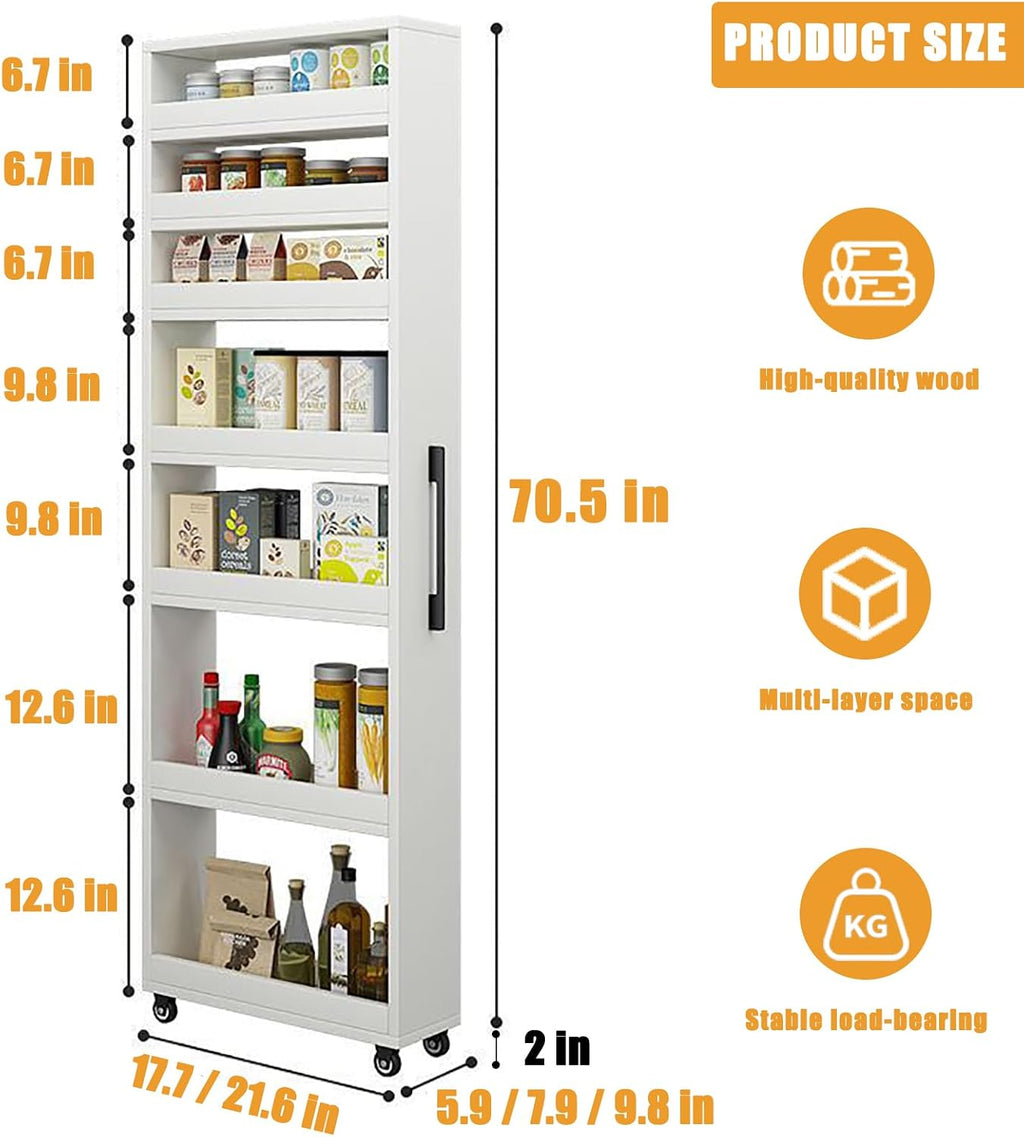 Slim Storage Cart,7 Tier Standing-Shelf with Wheels,Narrow Pantry Organizer for Small Spaces, Mobile Gap Storage Shelf for Kitchen, Laundry Room, Bathroom