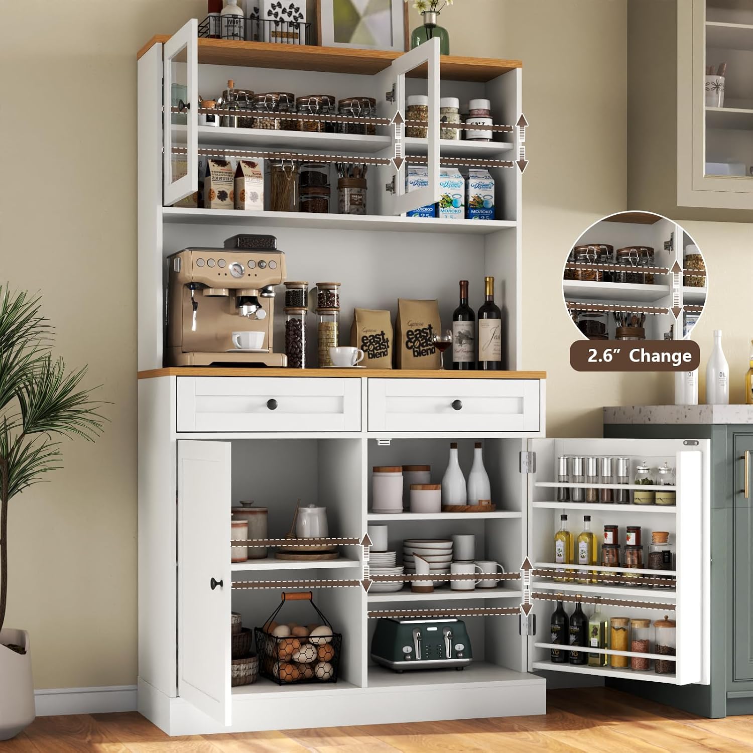 Tall Pantry Cabinet, Modern Kitchen Hutch with Microwave Stand, Kitchen Pantry Storage Cabinet with 2 Darwers & Door Shelf, Food Pantry with Glass Doors & Adjustable Shelves for Dining Room, White