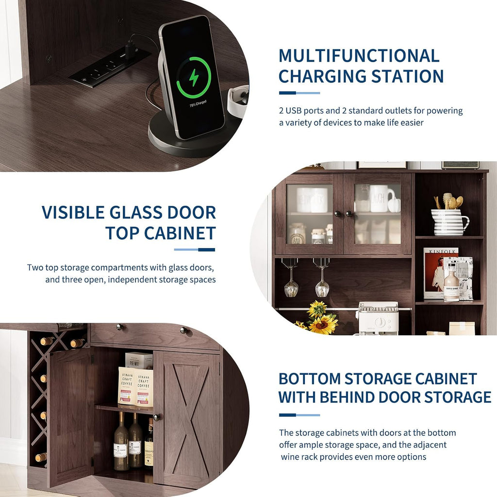 Coffee Bar Cabinet with Power Outlet & Exquisite Barn Doors, Sideboard Buffet Cabinet with Wine Bottle Rack, Storage Cabinet for Kitchen, Dining Room