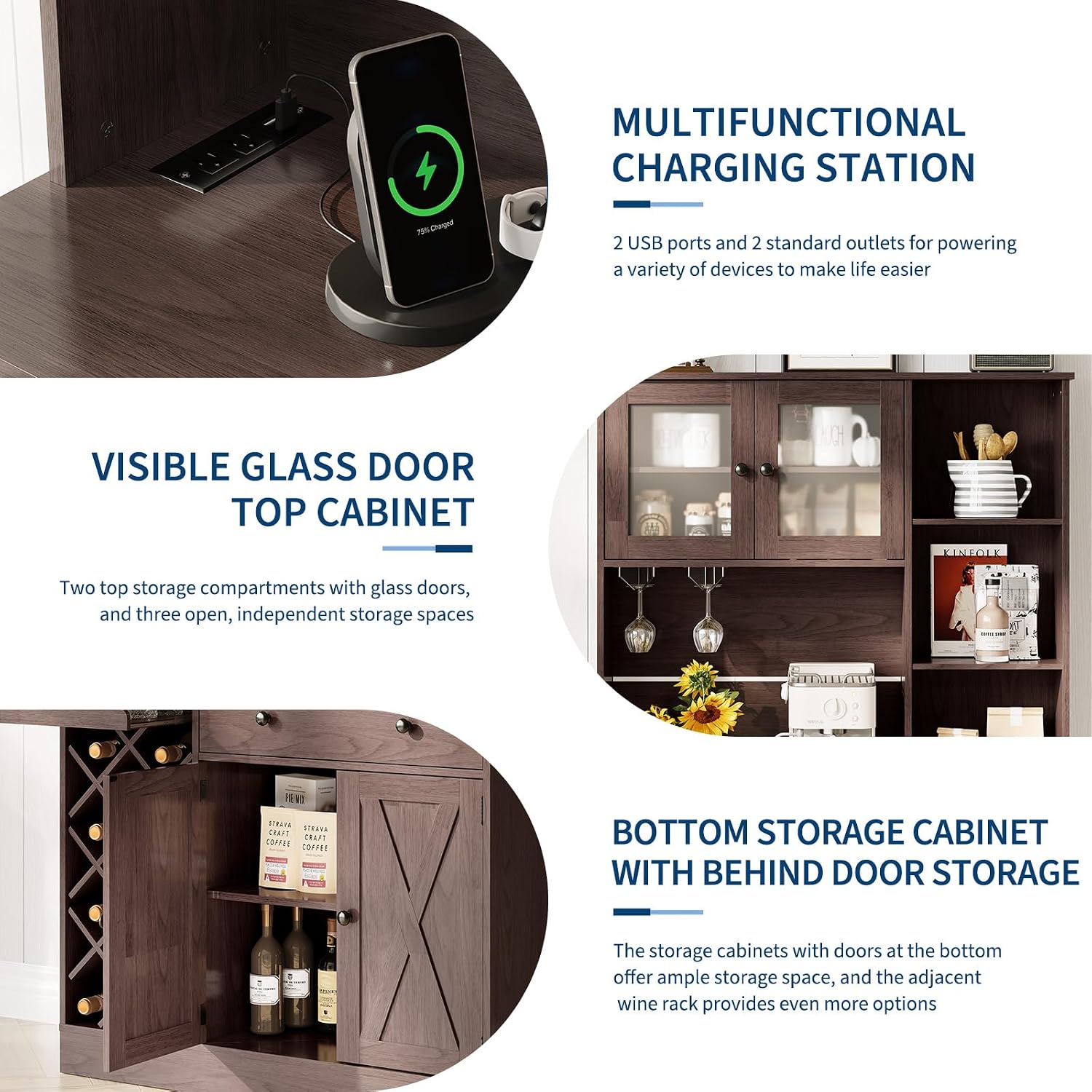 Coffee Bar Cabinet with Power Outlet & Exquisite Barn Doors, Sideboard Buffet Cabinet with Wine Bottle Rack, Storage Cabinet for Kitchen, Dining Room