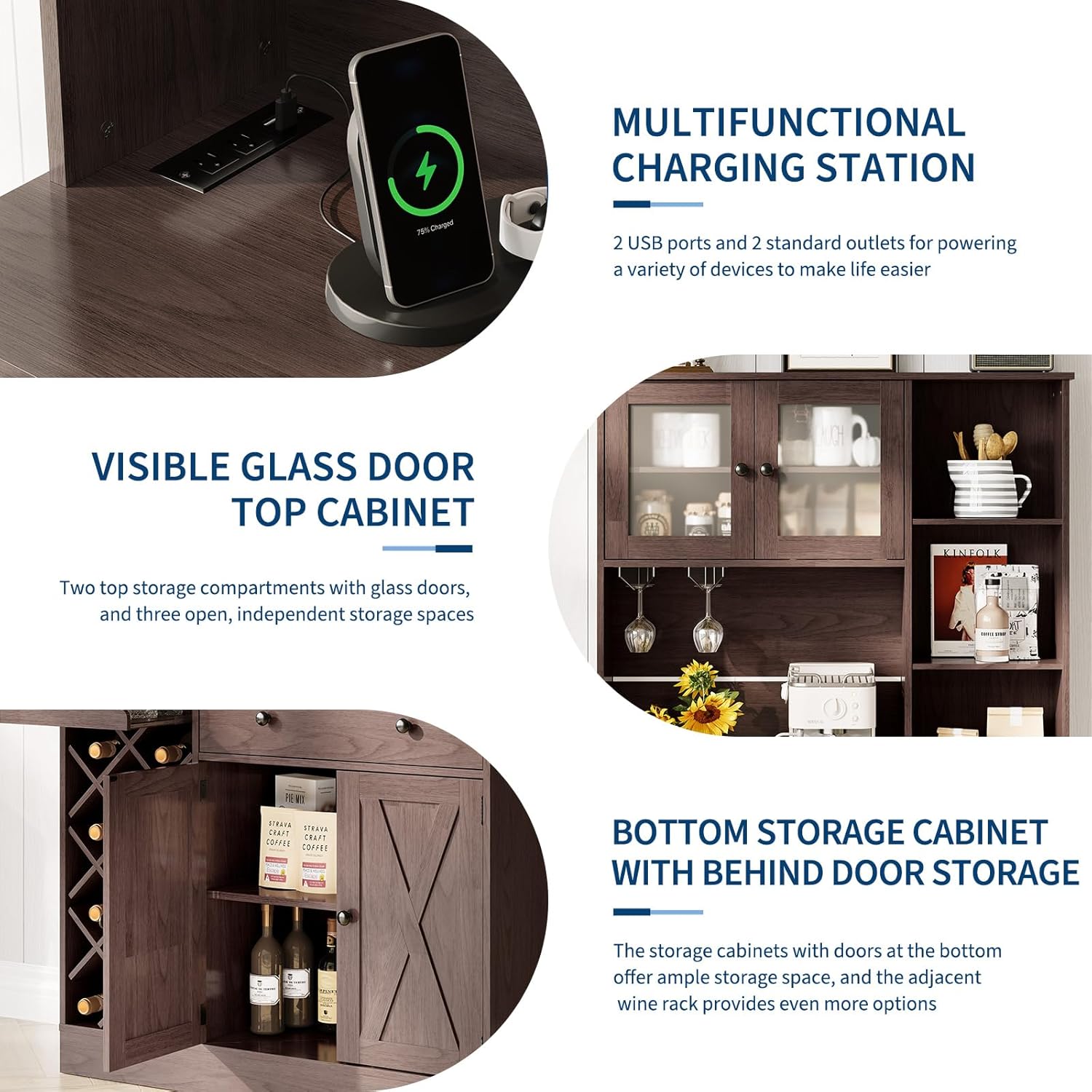 Coffee Bar Cabinet with Power Outlet & Exquisite Barn Doors, 72'' Sideboard Buffet Cabinet with Wine Bottle Rack, Large Kitchen Buffet with Storage and Wine Rack for Kitchen, Dining Room, Living Room