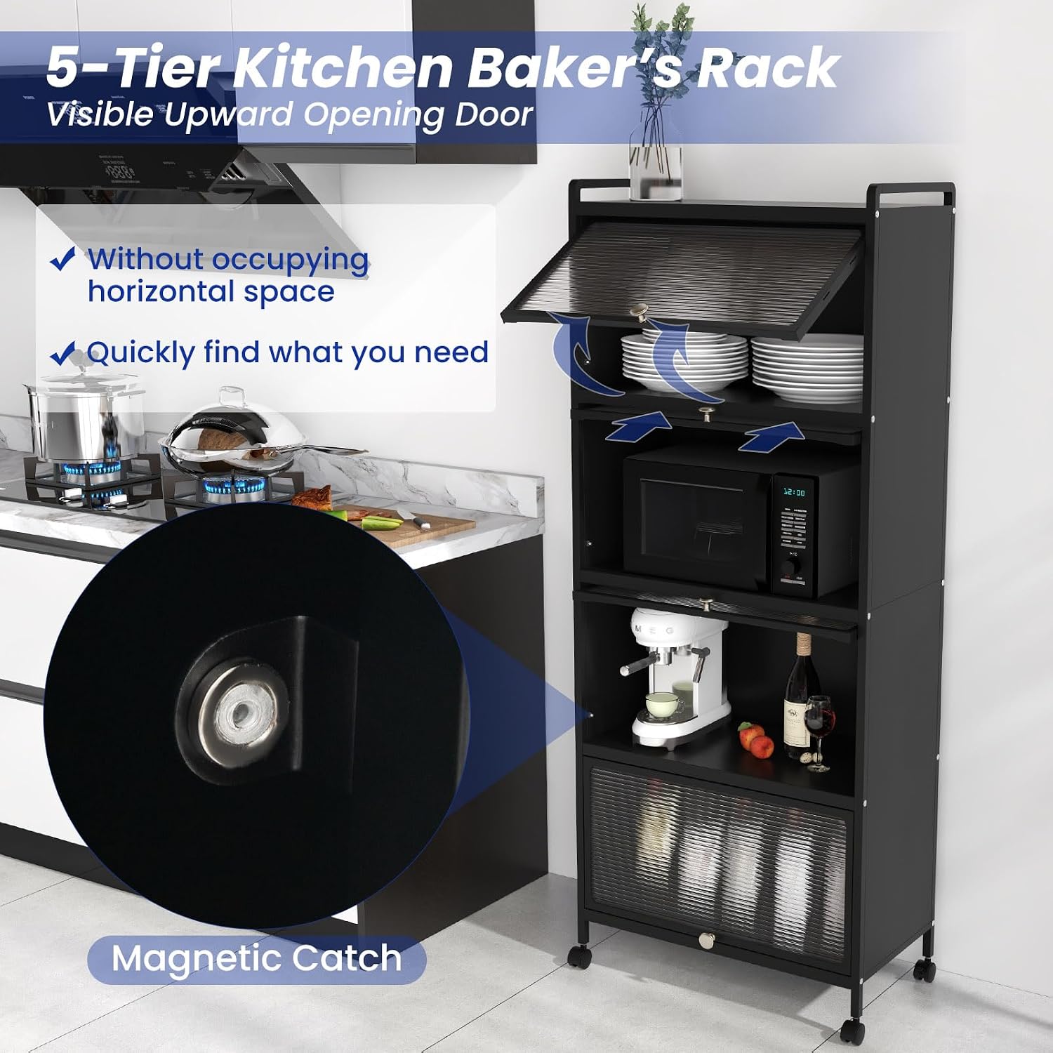 MAT EXPERT 5-Tier Kitchen Storage Cabinet, Freestanding Appliance Organizer on Wheels with Flip Door & Anti-Topping Device, Kitchen Pantry Cabinet Bakers Rack for Living Room, Study (Black)