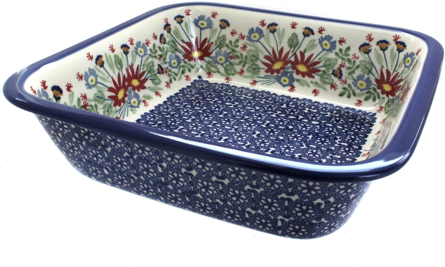 Blue Rose Polish Pottery - Red Jungle Bouquet Large Square Baker - 11.5' Square - Unique, Dishwasher Safe, & Durable Bakeware